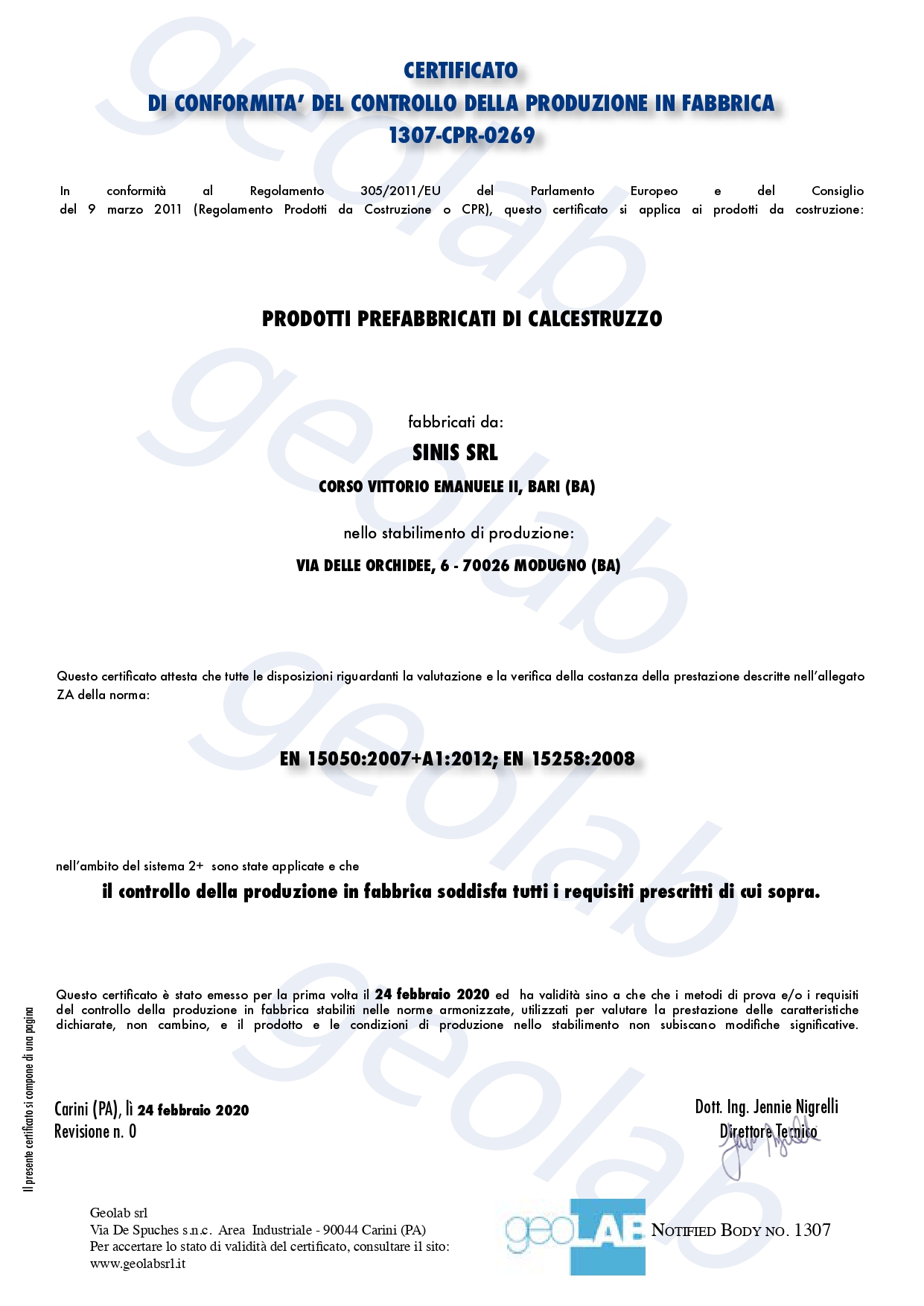 Certificato di Conformità del Controllo di Produzione in Fabbrica