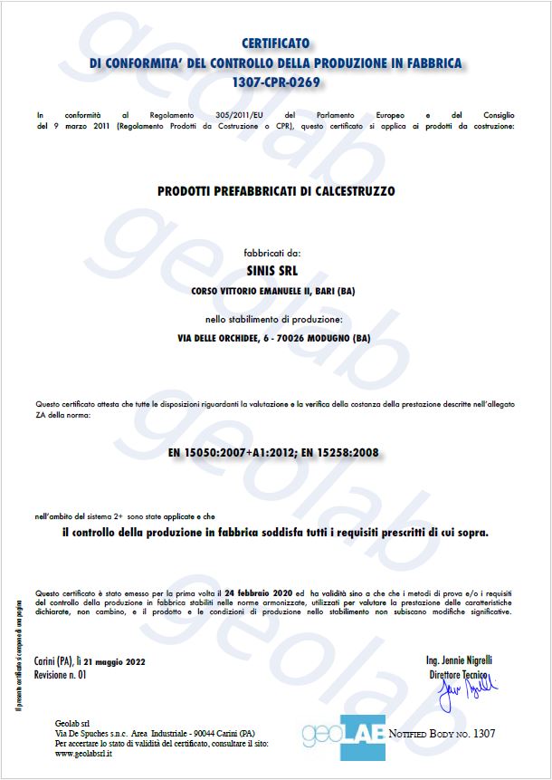 Certificato di Conformità del Controllo di Produzione in Fabbrica