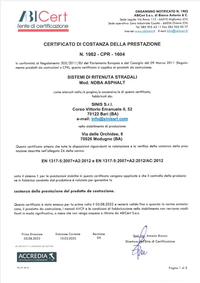 Certificato di costanza della prestazione NDBA - ASPHALT