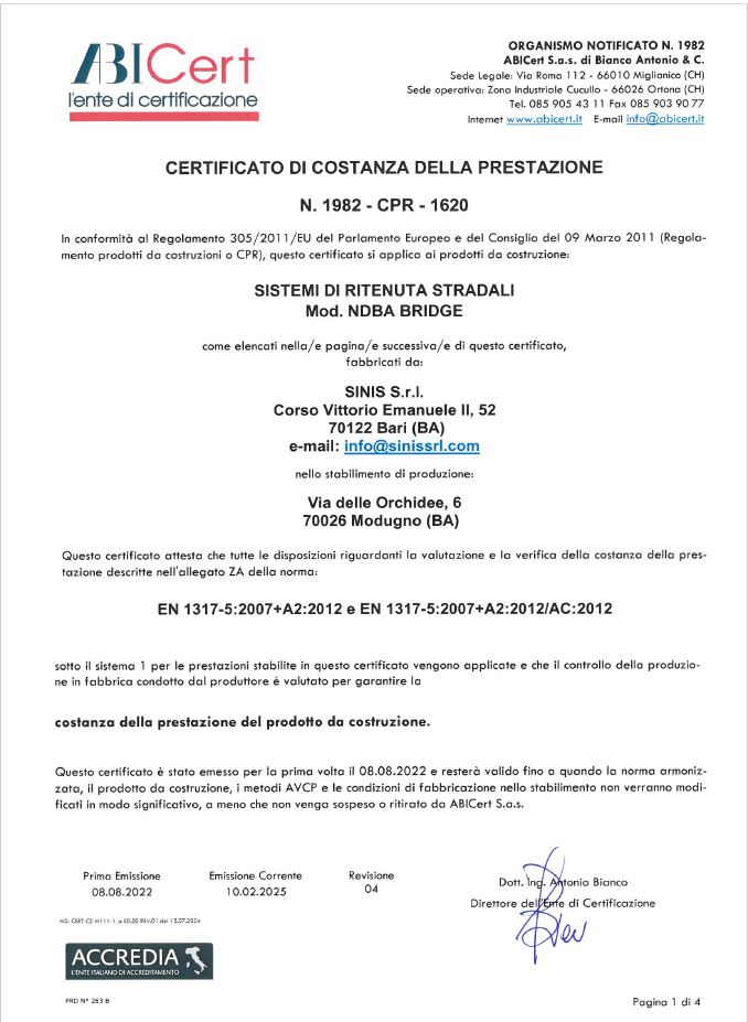 Certificato di costanza della prestazione NDBA – BRIDGE